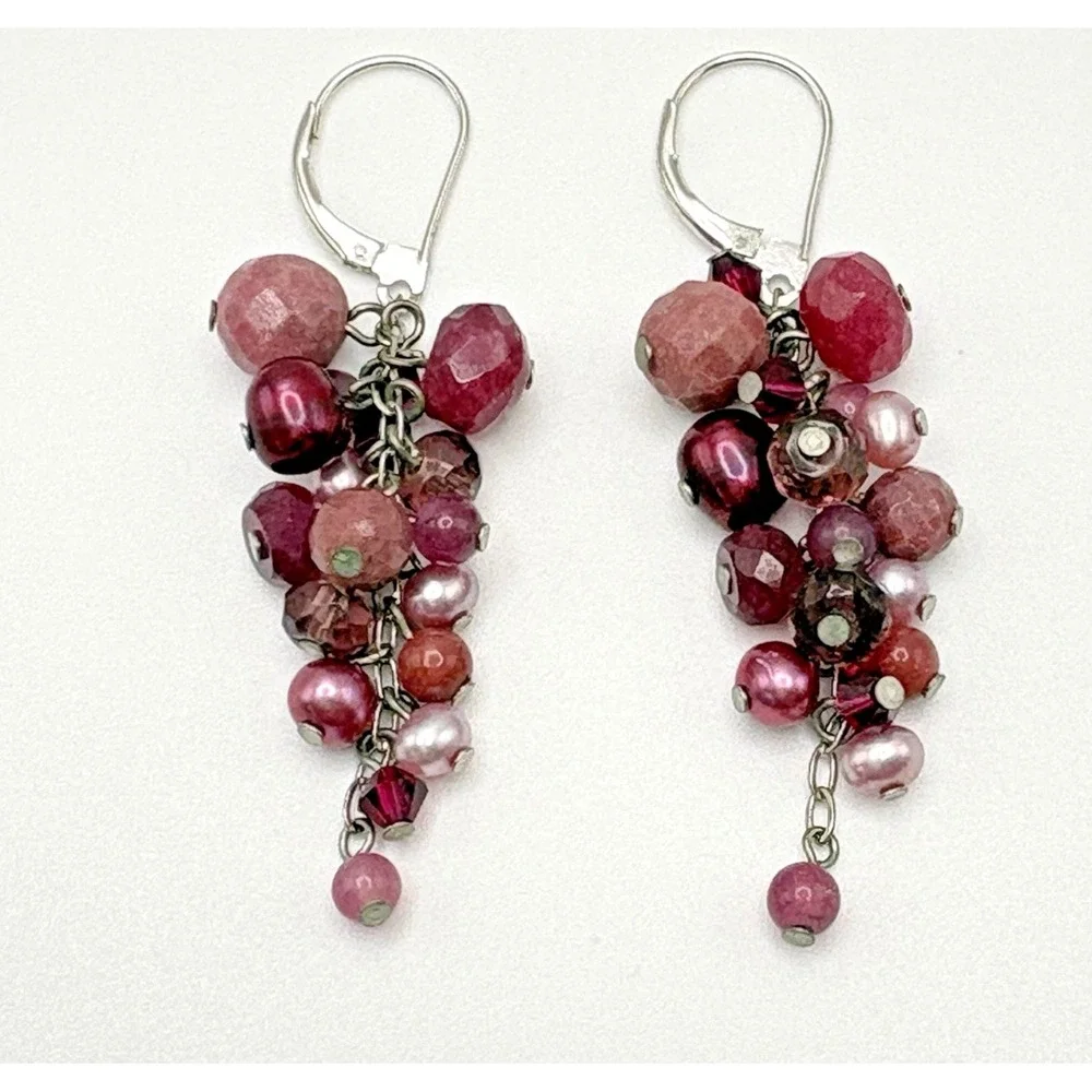 Sterling Silver Pierced Earrings Cha Cha Rhodonite Pearl Pink Dangle 925